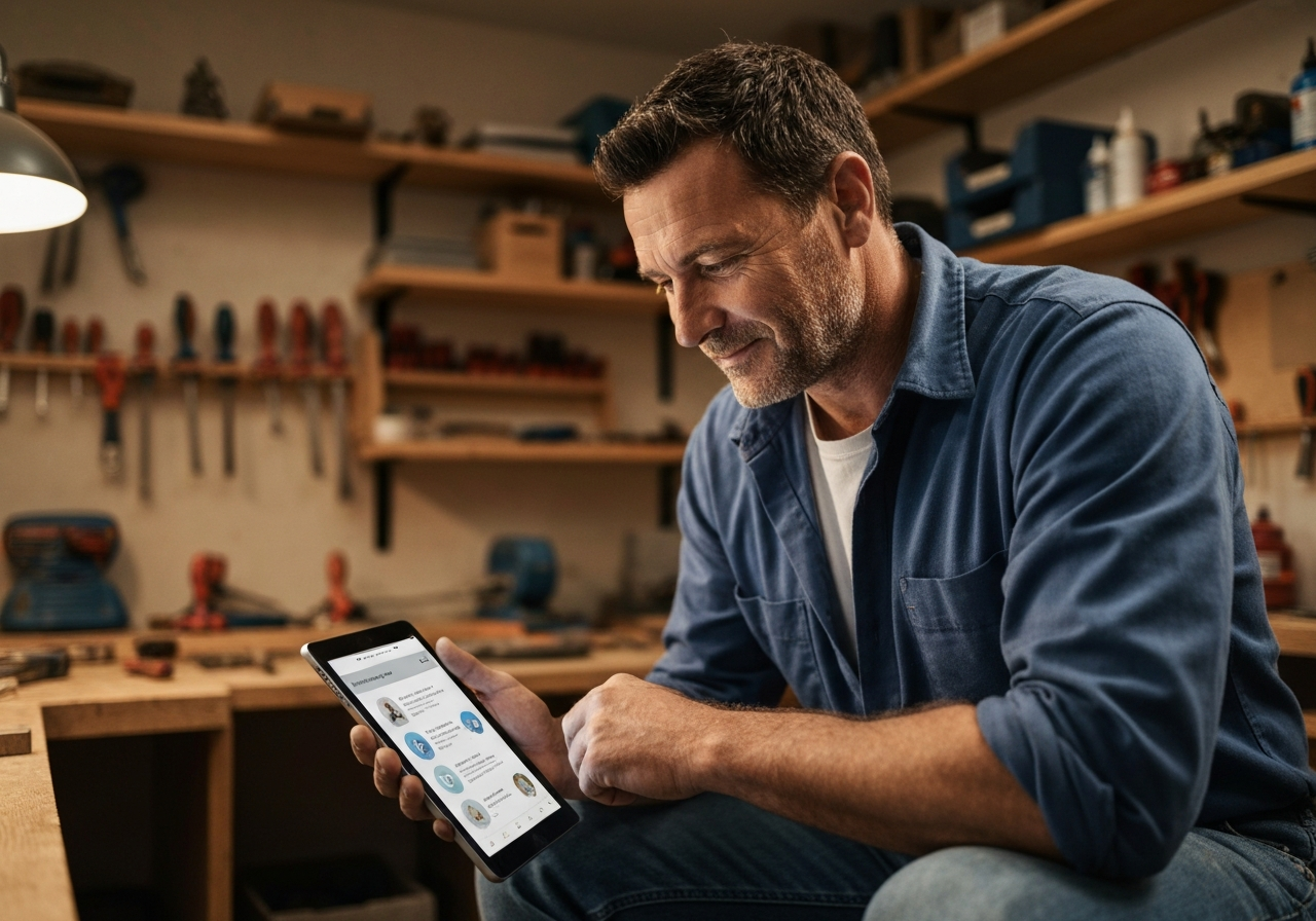 Handwerker löst Problem selbstständig über die interne Wissensbasis auf Tablet