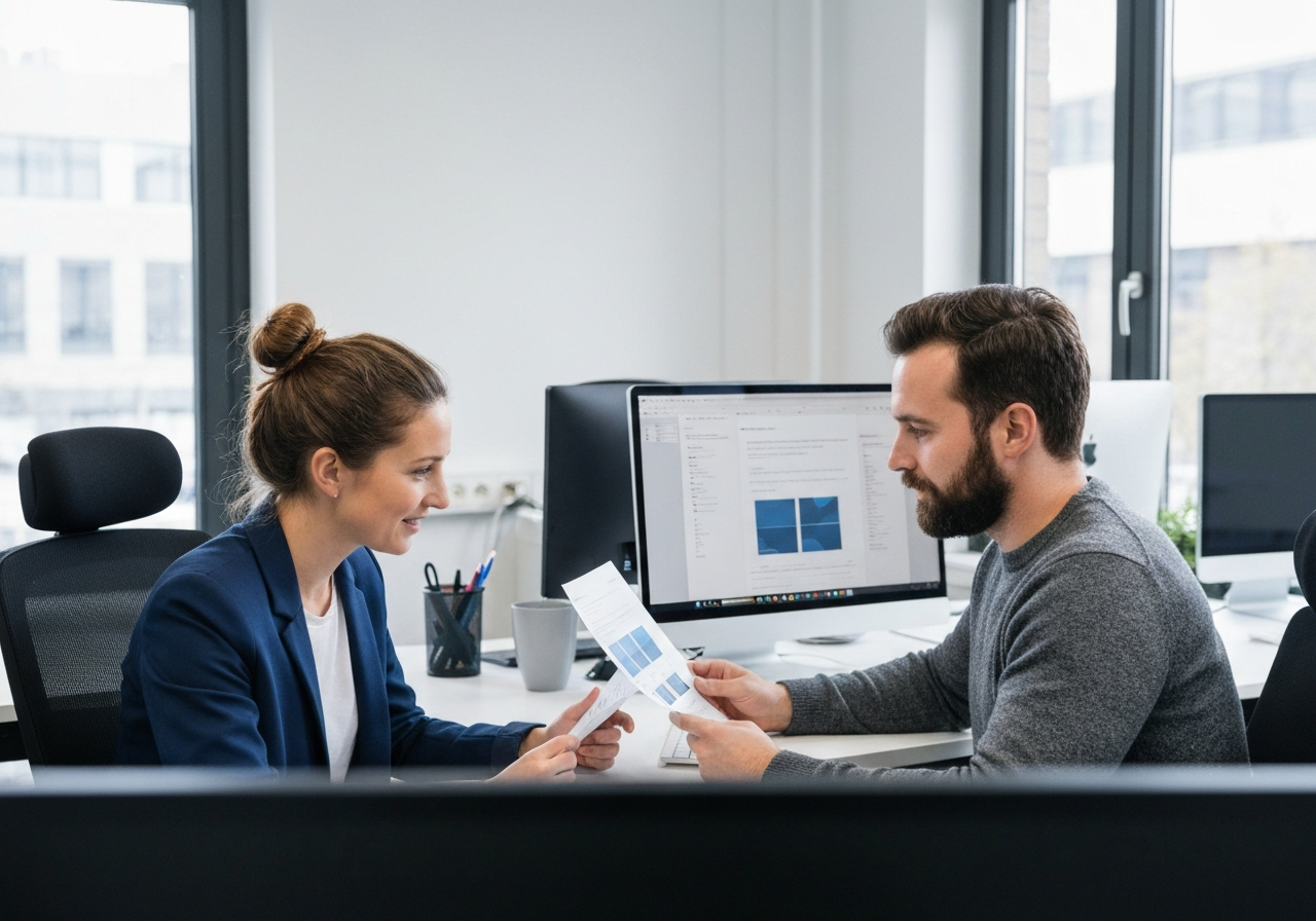 Zwei Kollegen besprechen gemeinsam KI-Analysen auf einem Bildschirm