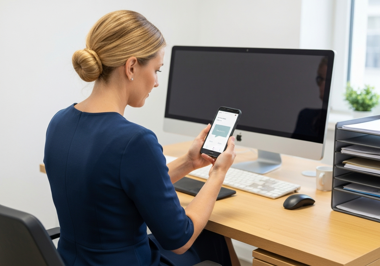 Unternehmer prüft Aufgabenstatus auf Smartphone am Schreibtisch