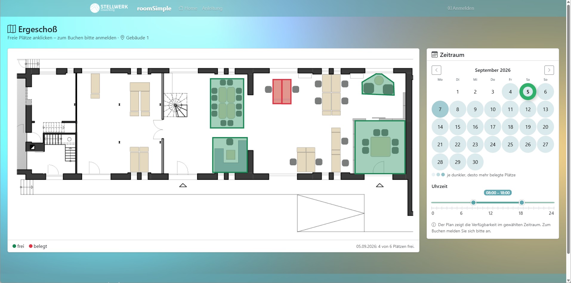 Screenshot aus RoomSimple: interaktiver Raumplan mit freien Plätzen, Kalender und Uhrzeit-Regler
